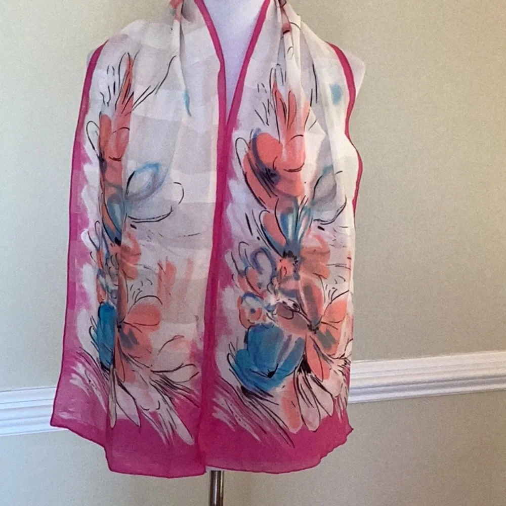 Silky oblong scarf 12”x 60”in a beautiful floral print in bright colors - Picture 1 of 5